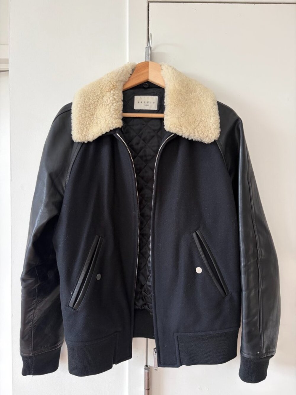 Sandro Paris Wool Leather Shearling Collar Bomber Black M